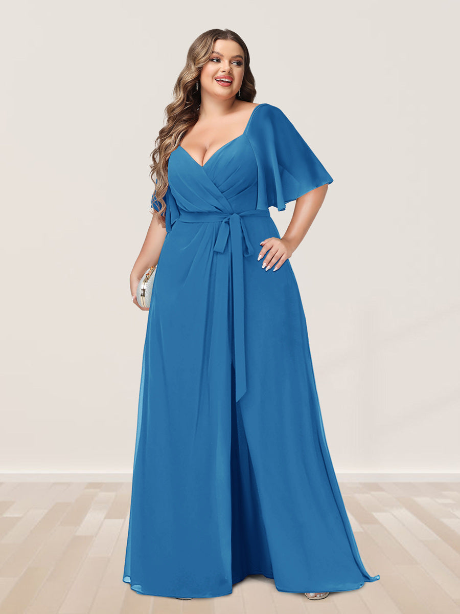 A-Line/Princess V-Neck Half Sleeves Plus Size Bridesmaid Dresses with Split Side - 画像 (48)