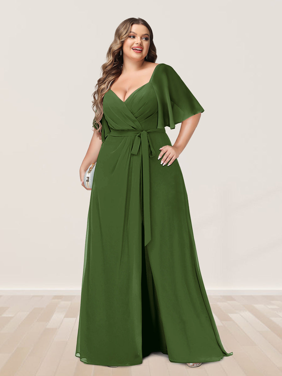 A-Line/Princess V-Neck Half Sleeves Plus Size Bridesmaid Dresses with Split Side - 画像 (60)
