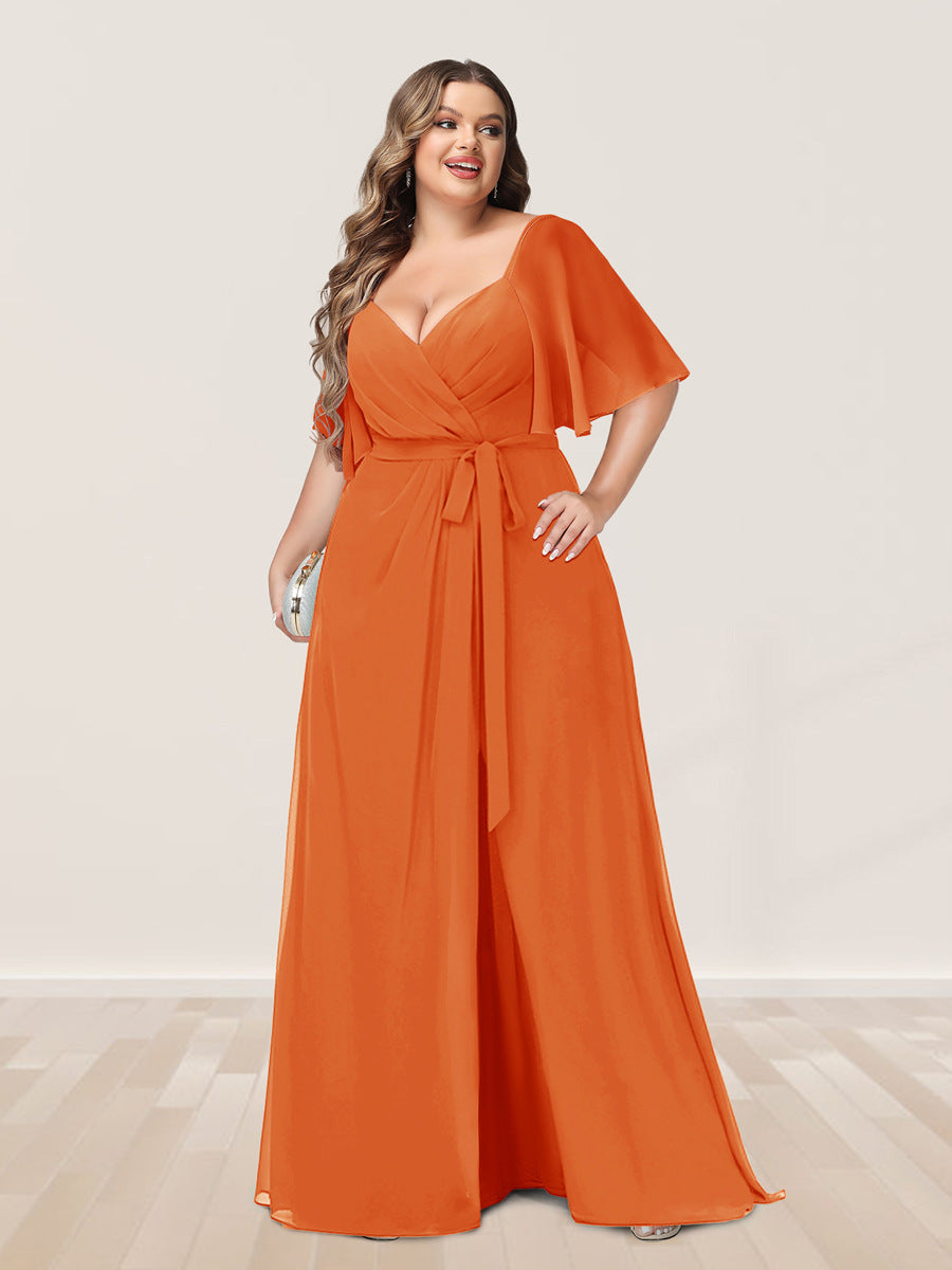 A-Line/Princess V-Neck Half Sleeves Plus Size Bridesmaid Dresses with Split Side - 画像 (67)