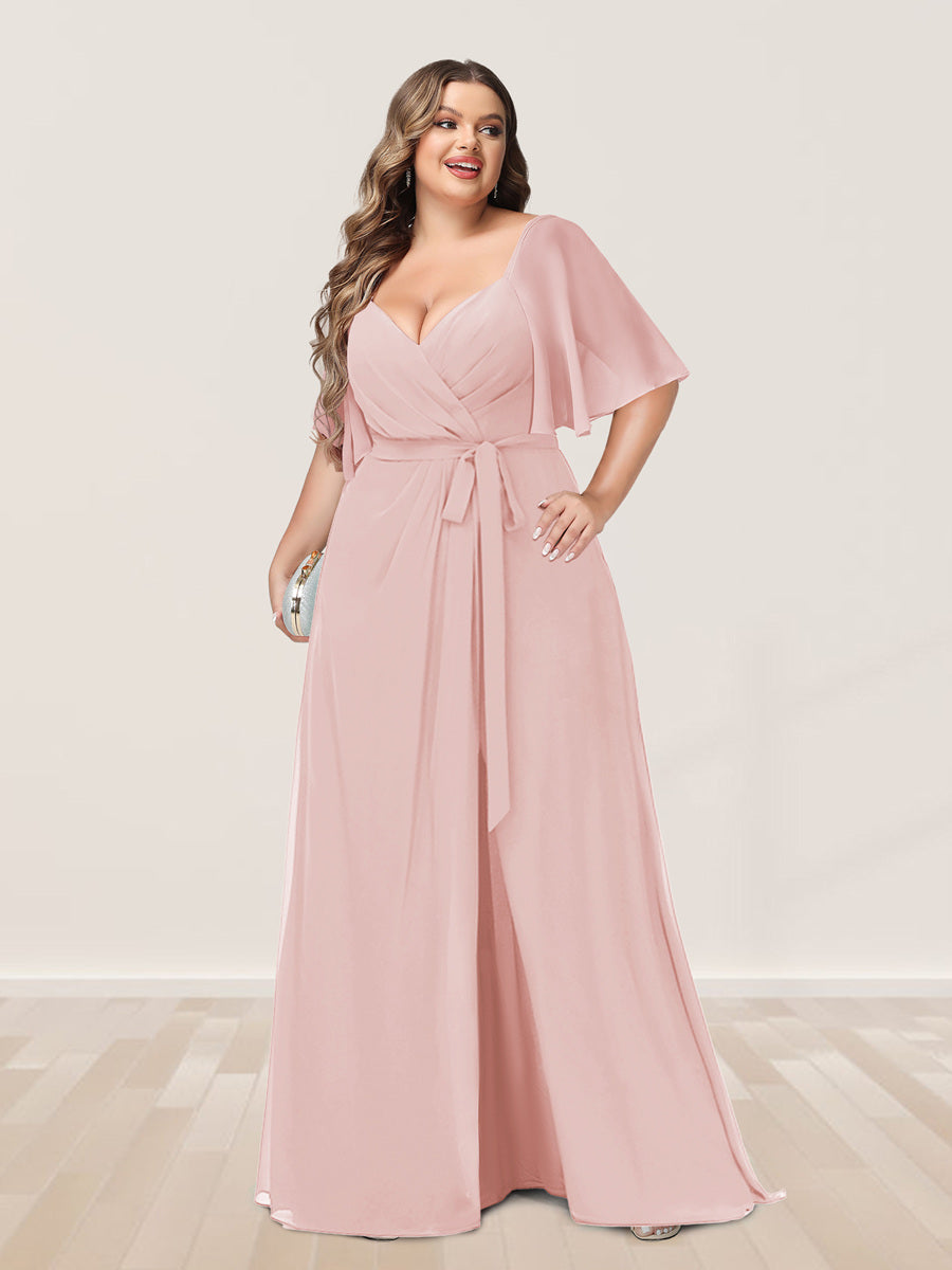 A-Line/Princess V-Neck Half Sleeves Plus Size Bridesmaid Dresses with Split Side - 画像 (21)