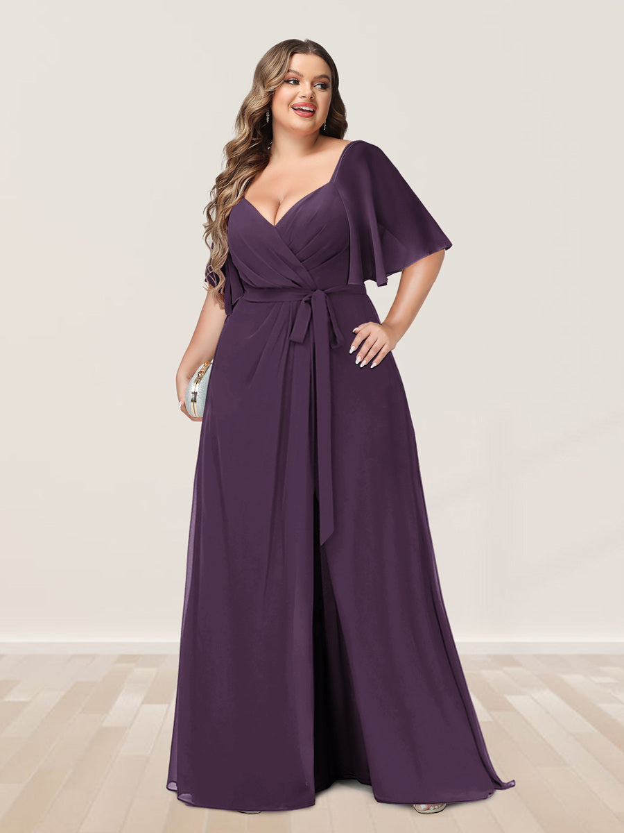 A-Line/Princess V-Neck Half Sleeves Plus Size Bridesmaid Dresses with Split Side - 画像 (41)
