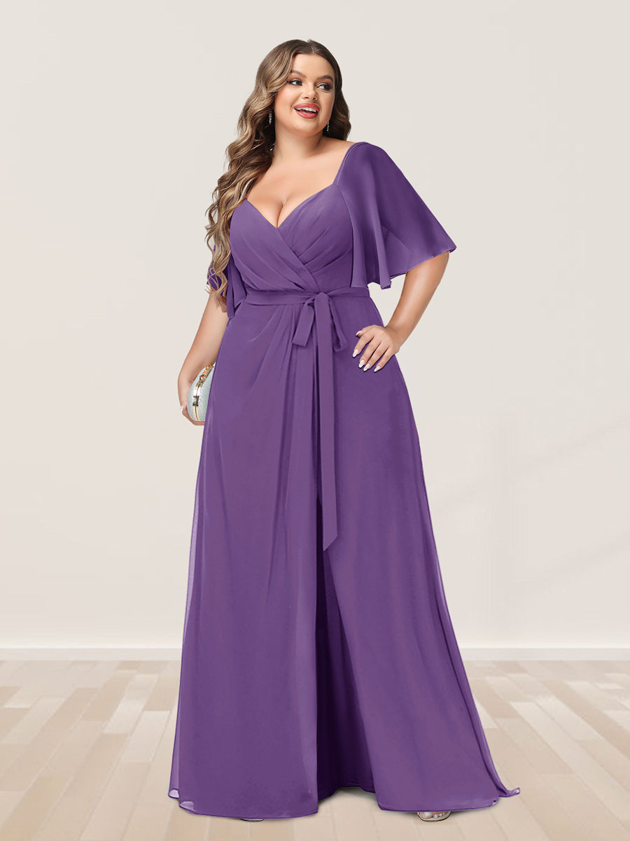 A-Line/Princess V-Neck Half Sleeves Plus Size Bridesmaid Dresses with Split Side - 画像 (37)