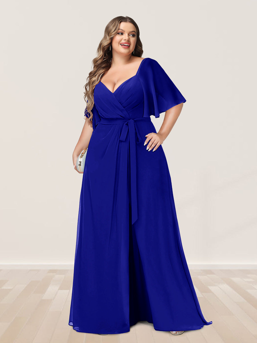 A-Line/Princess V-Neck Half Sleeves Plus Size Bridesmaid Dresses with Split Side - 画像 (50)