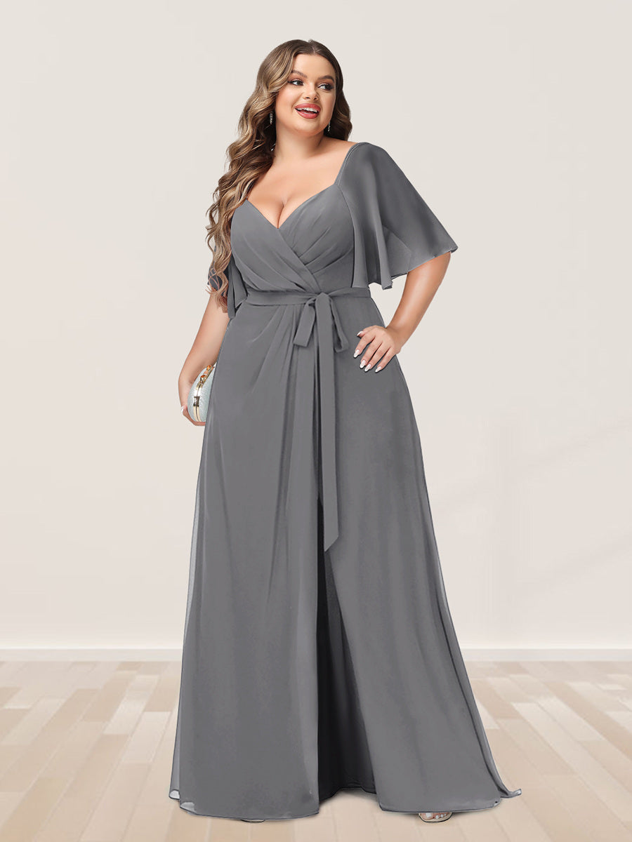 A-Line/Princess V-Neck Half Sleeves Plus Size Bridesmaid Dresses with Split Side - 画像 (71)