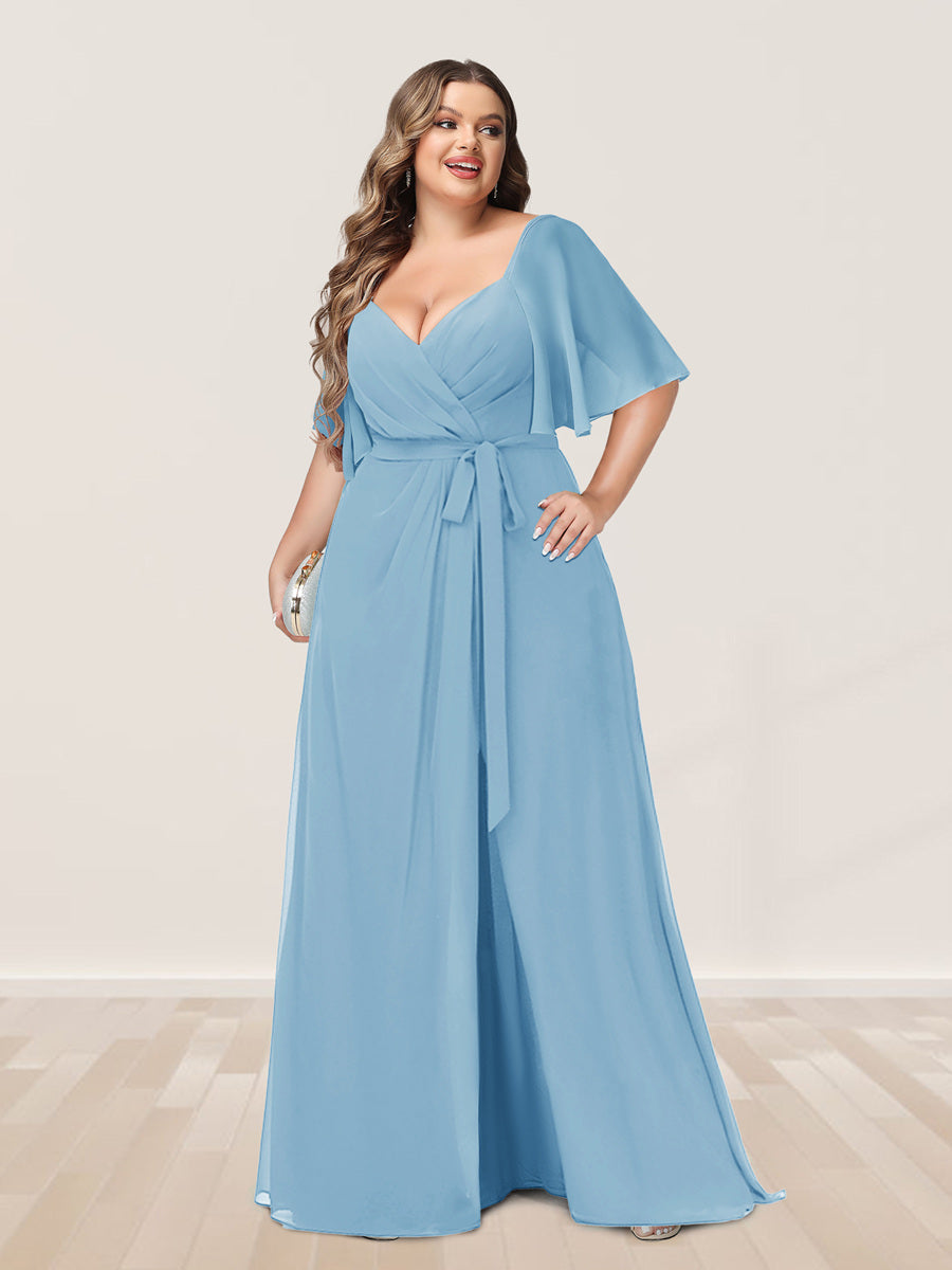 A-Line/Princess V-Neck Half Sleeves Plus Size Bridesmaid Dresses with Split Side - 画像 (45)