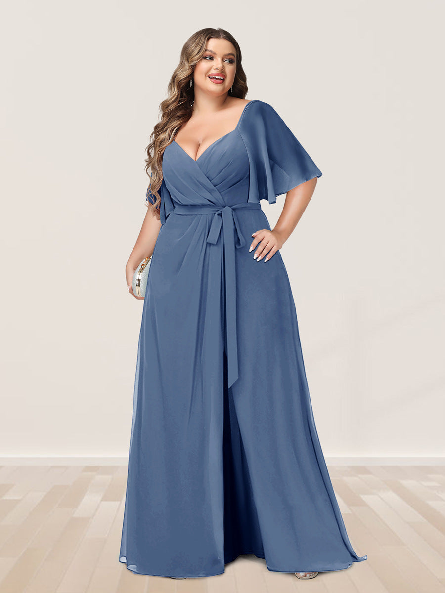 A-Line/Princess V-Neck Half Sleeves Plus Size Bridesmaid Dresses with Split Side - 画像 (46)