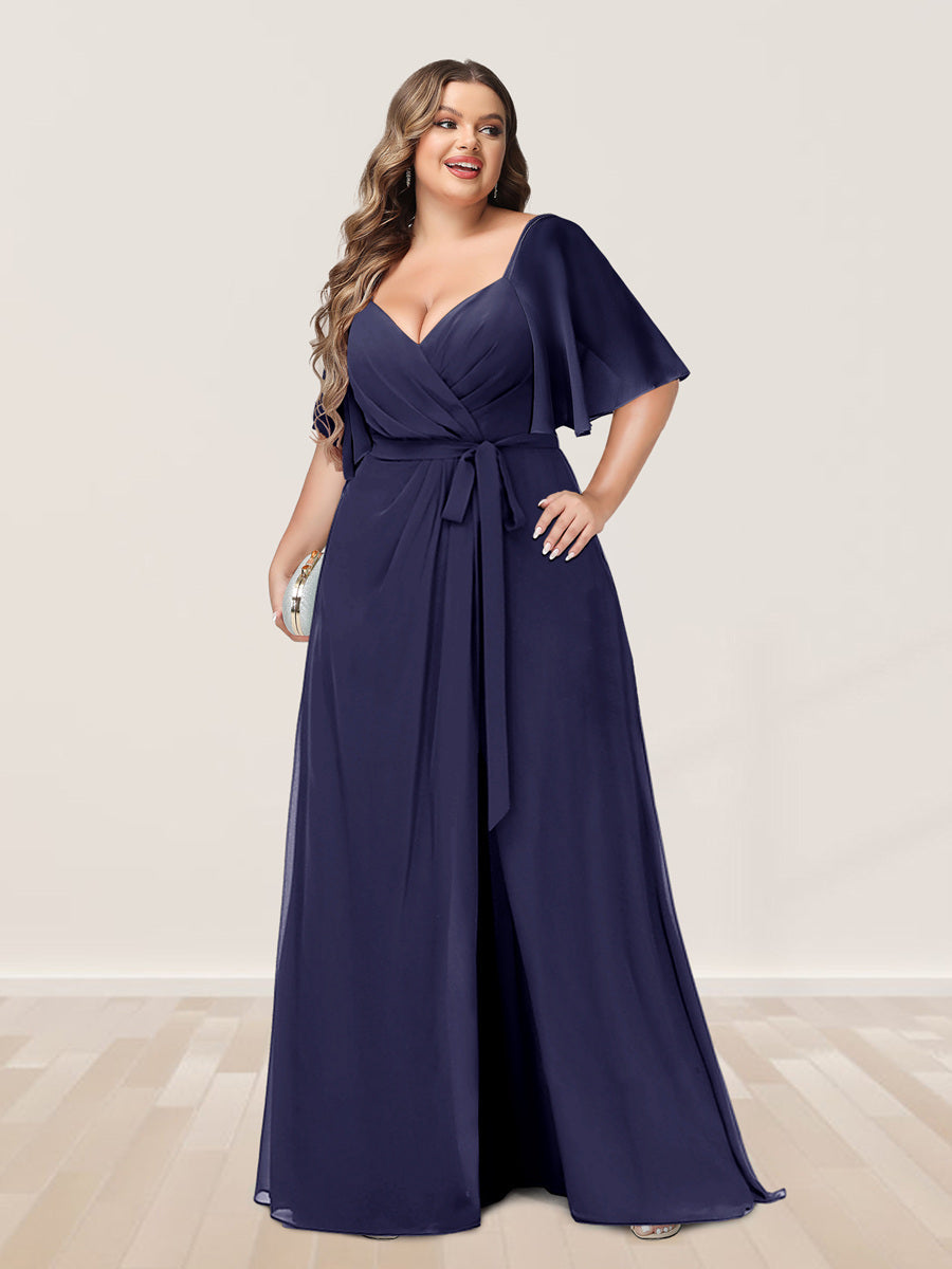 A-Line/Princess V-Neck Half Sleeves Plus Size Bridesmaid Dresses with Split Side - 画像 (52)