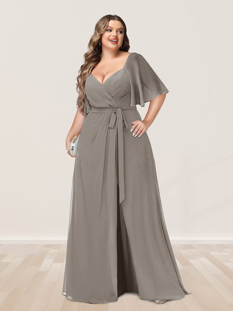 A-Line/Princess V-Neck Half Sleeves Plus Size Bridesmaid Dresses with Split Side - 画像 (68)