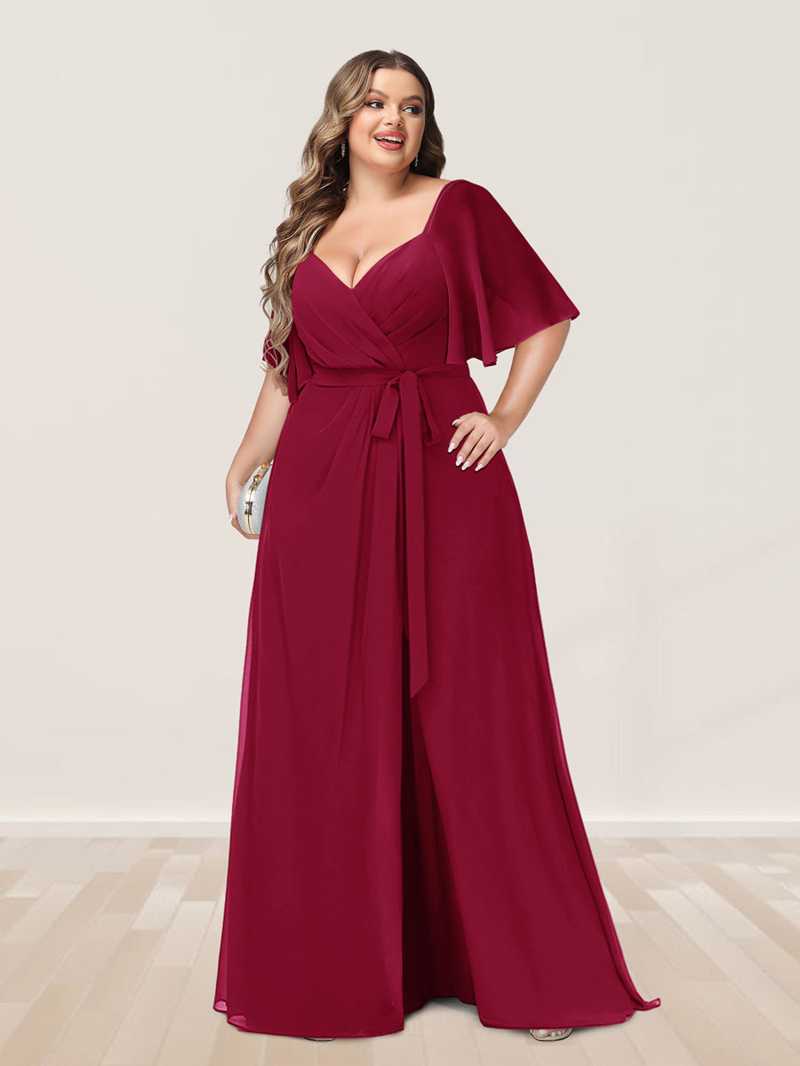 A-Line/Princess V-Neck Half Sleeves Plus Size Bridesmaid Dresses with Split Side - 画像 (32)
