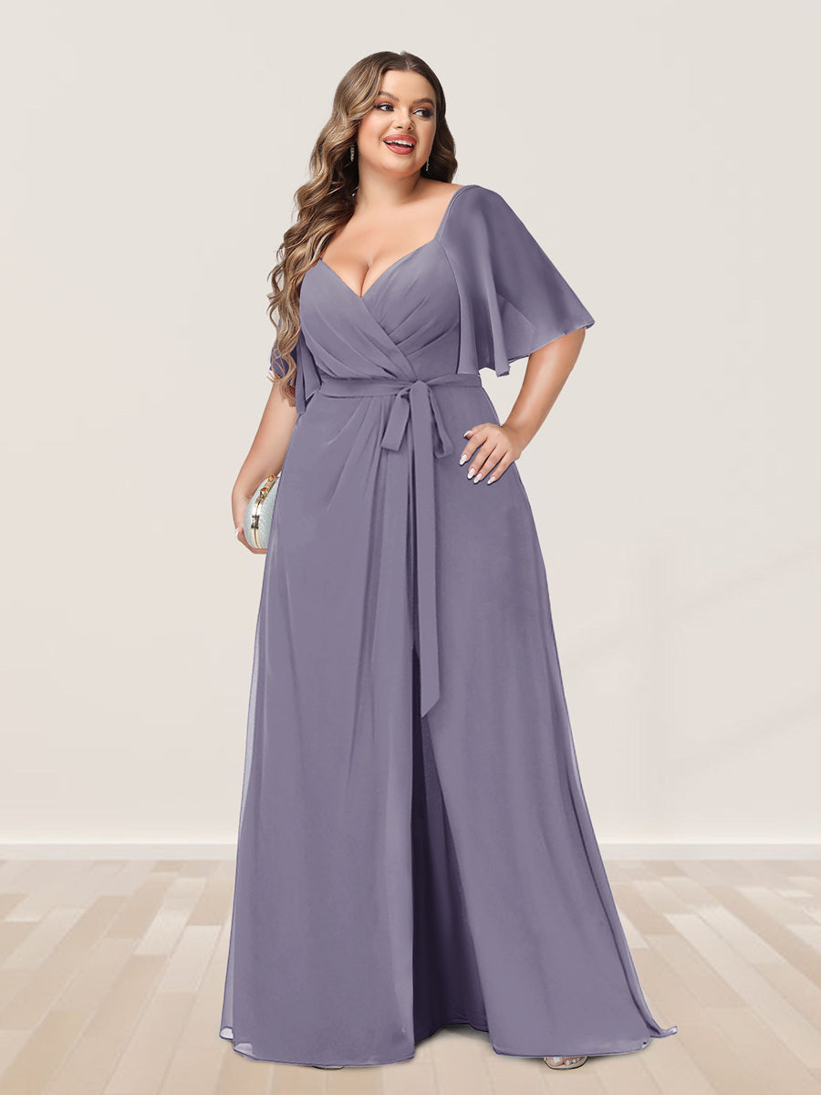 A-Line/Princess V-Neck Half Sleeves Plus Size Bridesmaid Dresses with Split Side - 画像 (34)