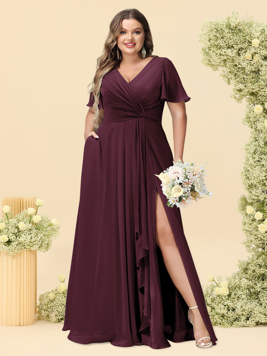 A-Line/Princess V-Neck Sleeveless Chiffon Plus Size Bridesmaid Dresses with Pockets - Image 8