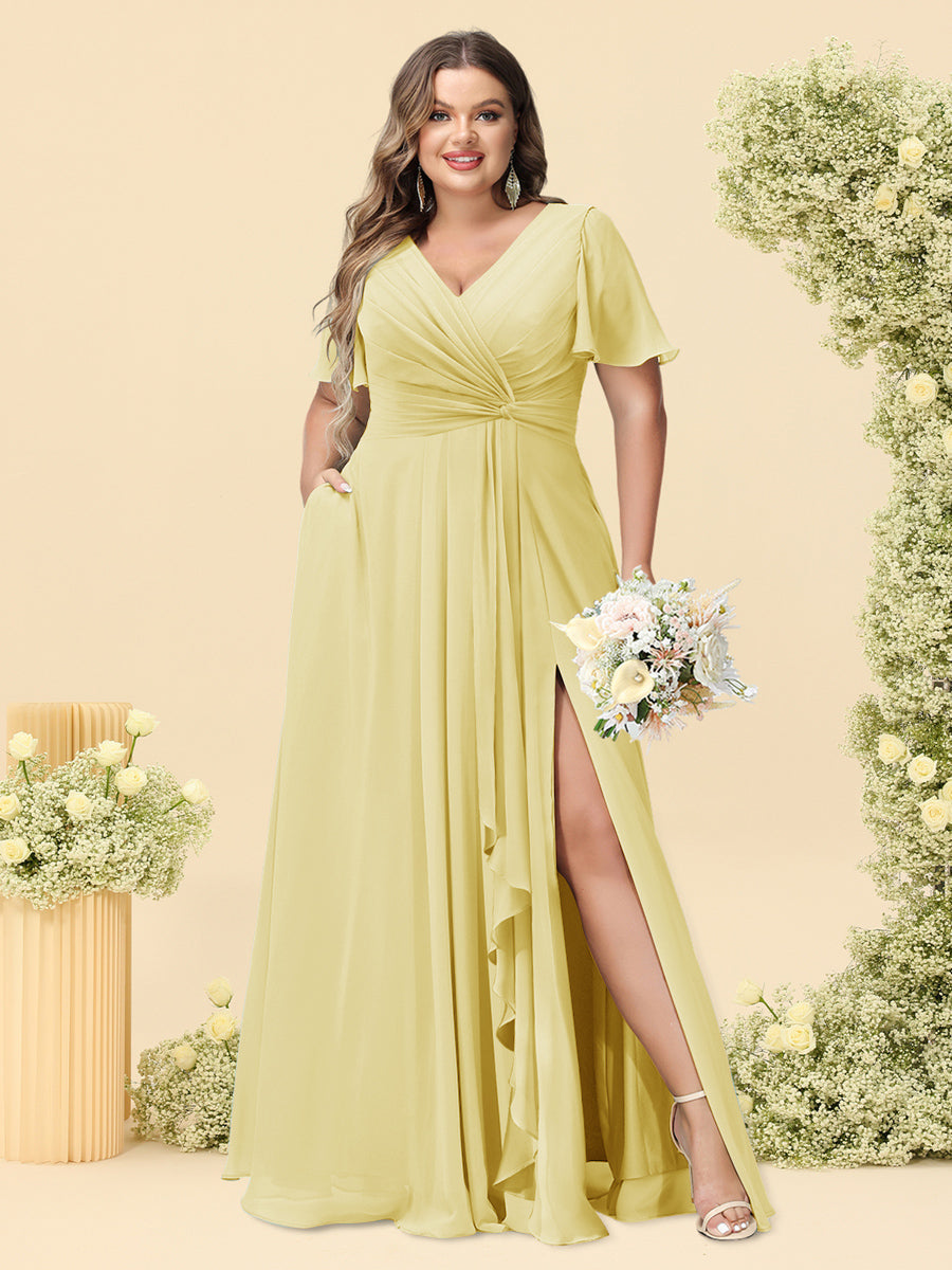 A-Line/Princess V-Neck Sleeveless Chiffon Plus Size Bridesmaid Dresses with Pockets - Image 5