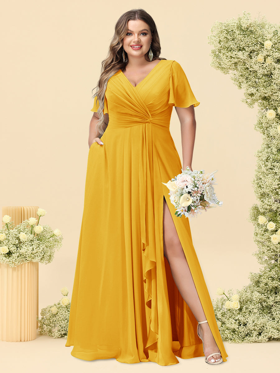 A-Line/Princess V-Neck Sleeveless Chiffon Plus Size Bridesmaid Dresses with Pockets - Image 47