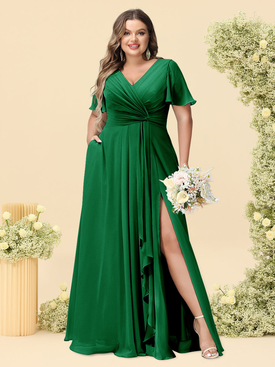 A-Line/Princess V-Neck Sleeveless Chiffon Plus Size Bridesmaid Dresses with Pockets - Image 48