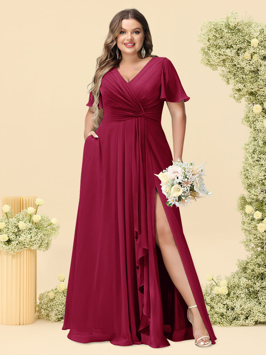 A-Line/Princess V-Neck Sleeveless Chiffon Plus Size Bridesmaid Dresses with Pockets - Image 19