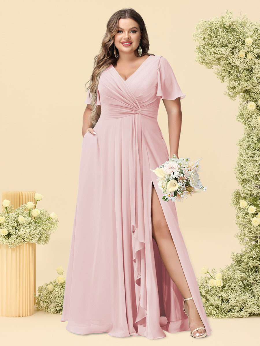 A-Line/Princess V-Neck Sleeveless Chiffon Plus Size Bridesmaid Dresses with Pockets - Image 51
