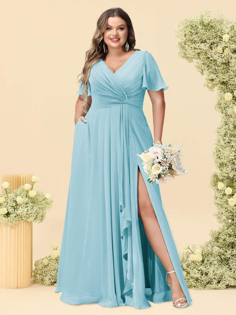 A-Line/Princess V-Neck Sleeveless Chiffon Plus Size Bridesmaid Dresses with Pockets - Image 22