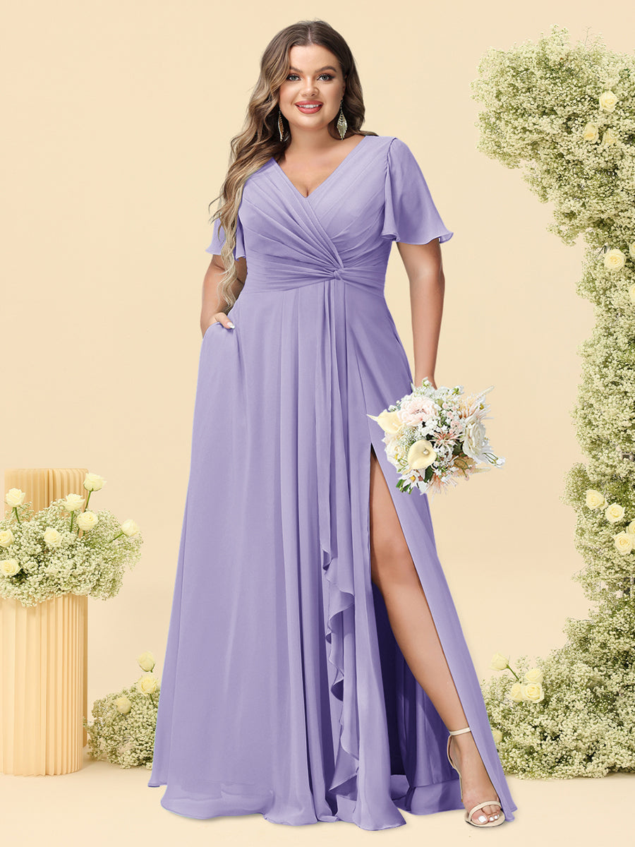 A-Line/Princess V-Neck Sleeveless Chiffon Plus Size Bridesmaid Dresses with Pockets - Image 23