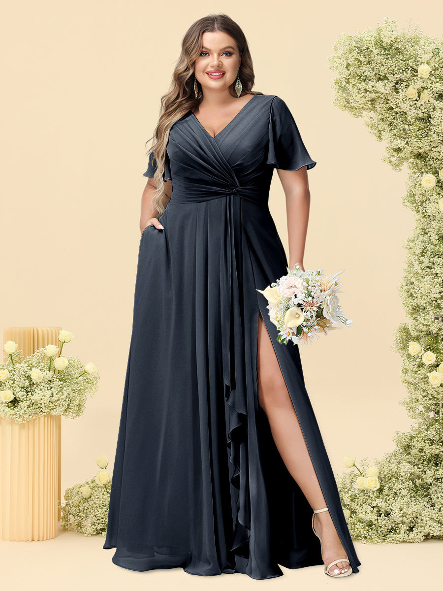 A-Line/Princess V-Neck Sleeveless Chiffon Plus Size Bridesmaid Dresses with Pockets - Image 55