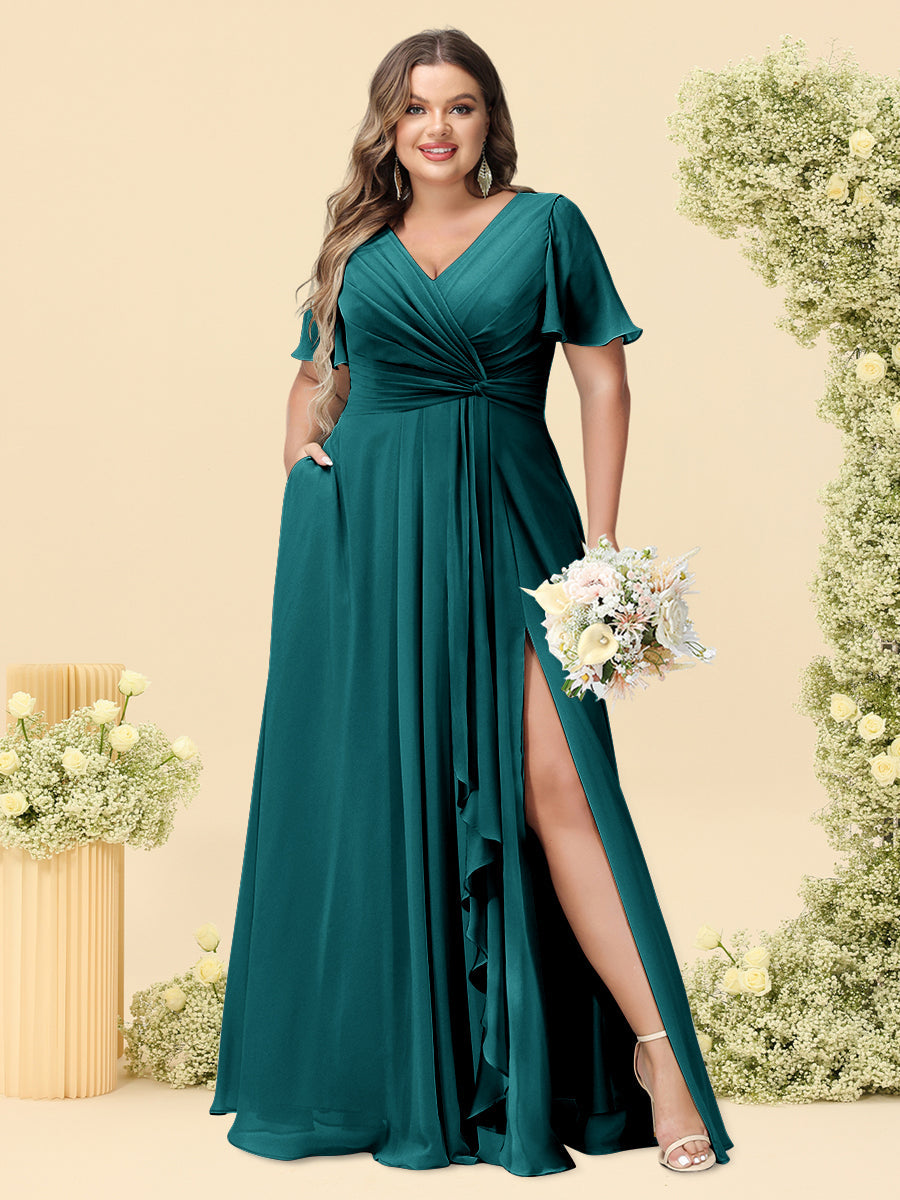 A-Line/Princess V-Neck Sleeveless Chiffon Plus Size Bridesmaid Dresses with Pockets - Image 60