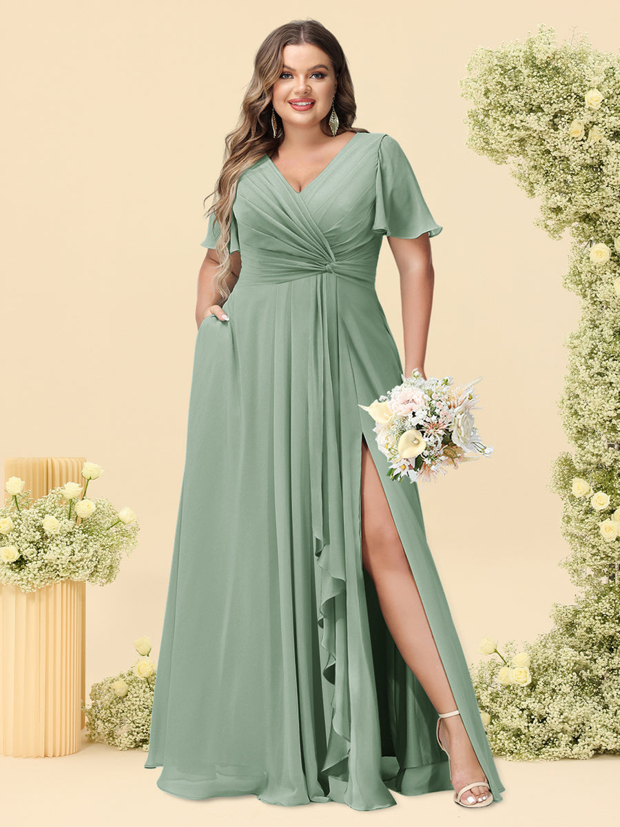 A-Line/Princess V-Neck Sleeveless Chiffon Plus Size Bridesmaid Dresses with Pockets - Image 32