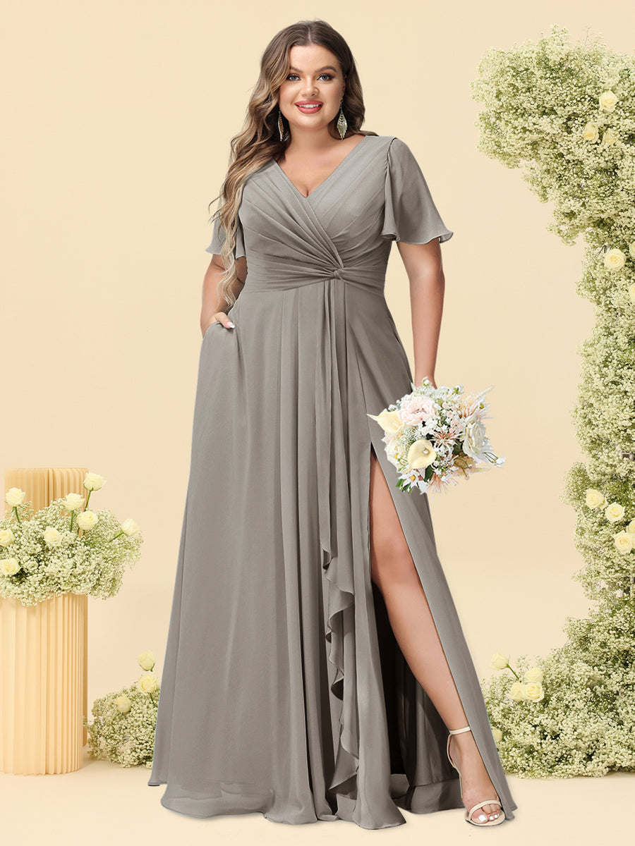 A-Line/Princess V-Neck Sleeveless Chiffon Plus Size Bridesmaid Dresses with Pockets - Image 36