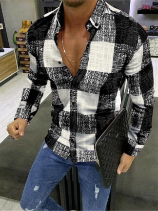 Men's Casual Cotton Blend Long Sleeves Plaid Color Block Shirt