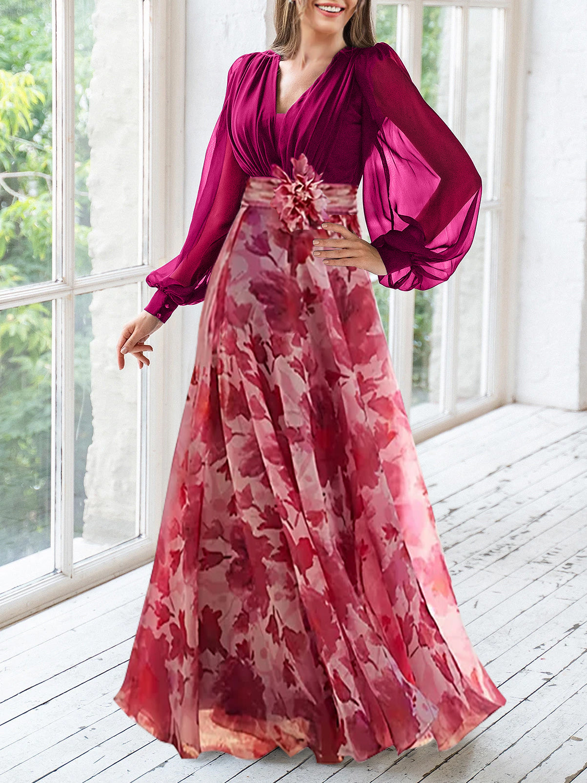 A Line/Princess V-Neck Long Sleeves Floor Length Floral Plus Size Mother of the Bride Dresses With Flower - 画像 (3)