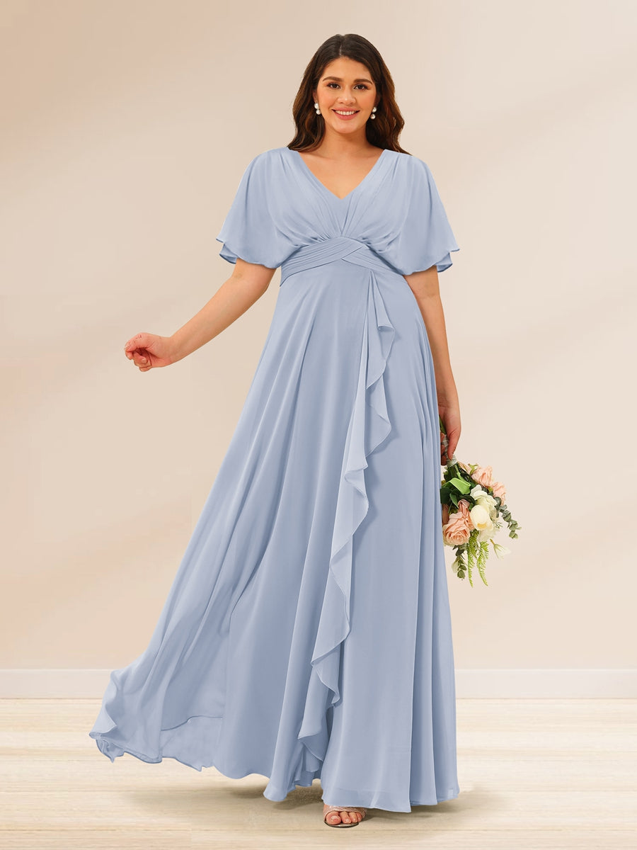 A-Line/Princess V-Neck Short Sleeves Plus Size Bridesmaid Dresses with Pockets - 画像 (43)
