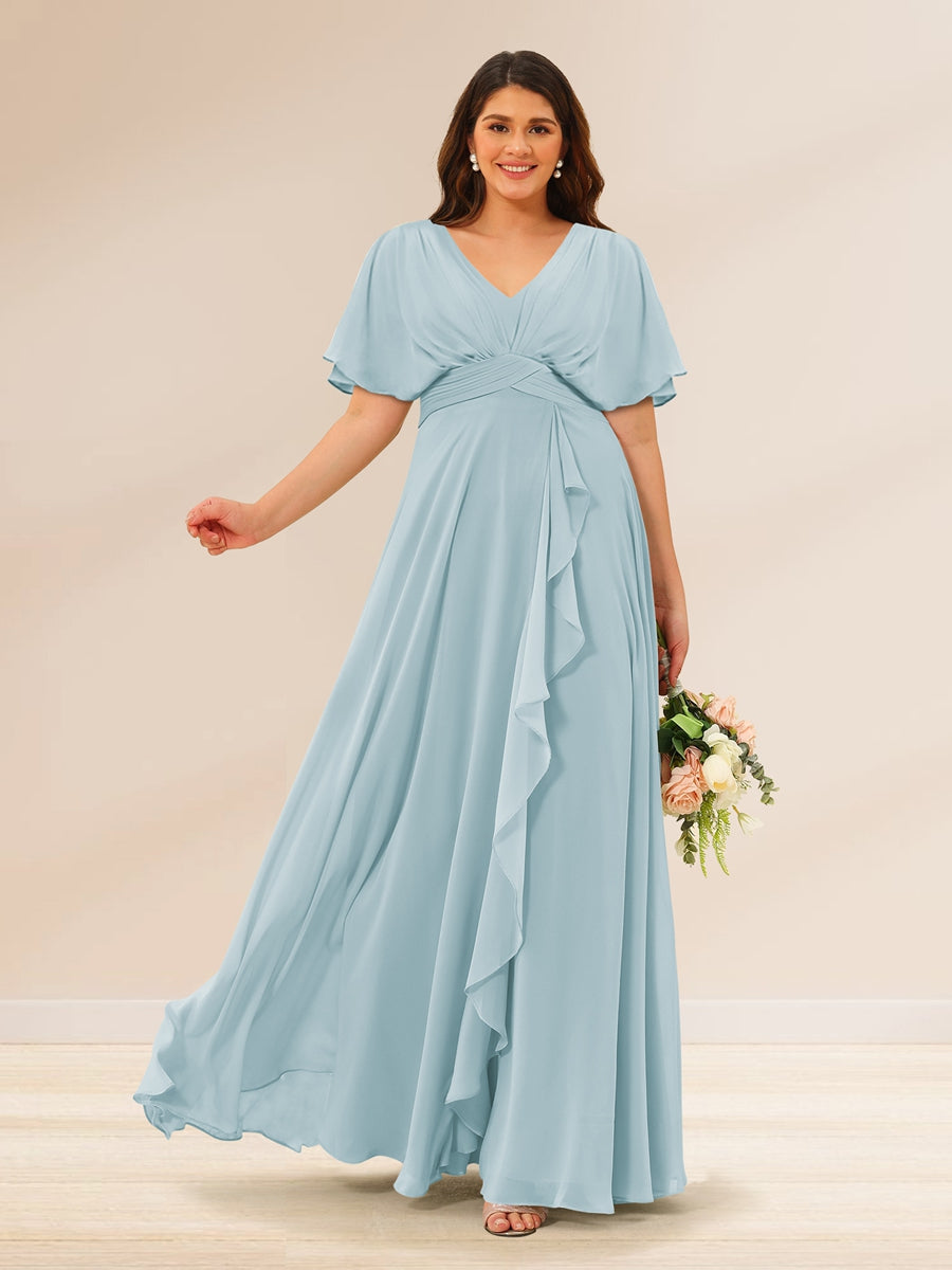 A-Line/Princess V-Neck Short Sleeves Plus Size Bridesmaid Dresses with Pockets - 画像 (42)
