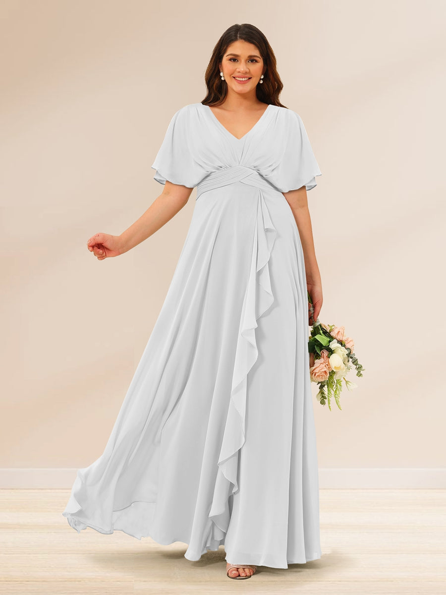 A-Line/Princess V-Neck Short Sleeves Plus Size Bridesmaid Dresses with Pockets - 画像 (15)