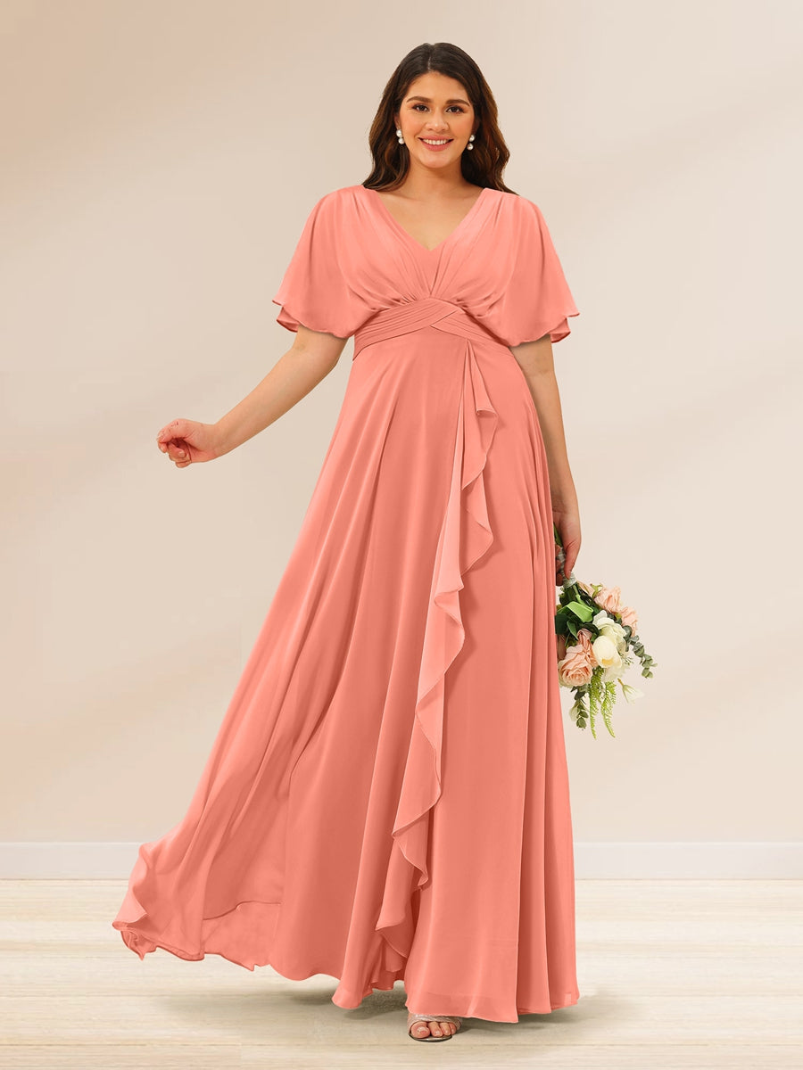 A-Line/Princess V-Neck Short Sleeves Plus Size Bridesmaid Dresses with Pockets - 画像 (10)