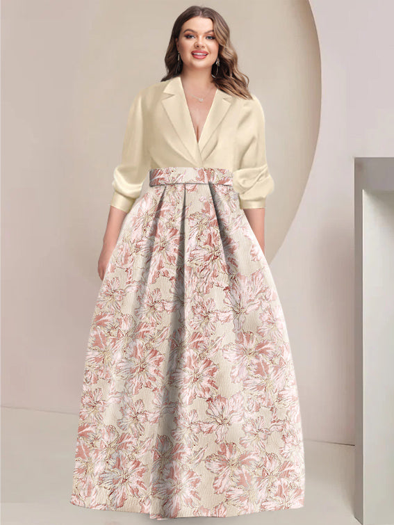 A-Line/Princess Shirt Collar 3/4 Sleeves Printed Flower Plus Size Mother of the Bride & Groom Dresses - Image 5