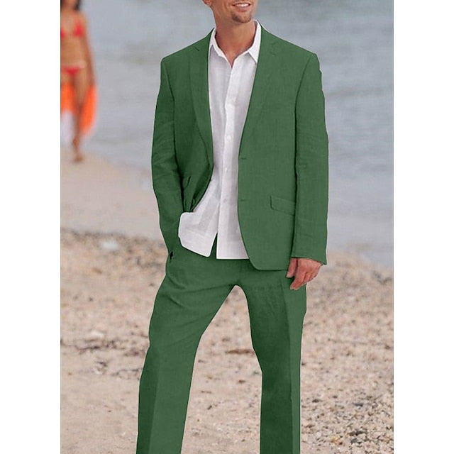 Men's Tailored Fit Single Breasted Two-buttons 2 Pieces Solid Colored Linen Suits - 画像 (3)