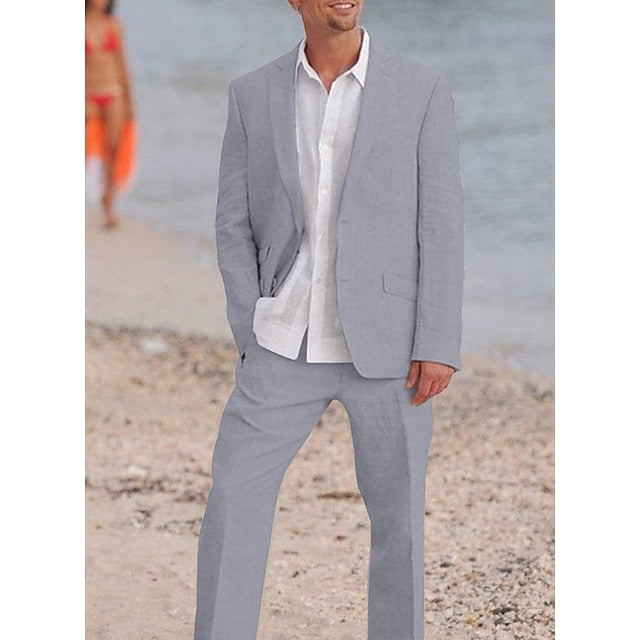 Men's Tailored Fit Single Breasted Two-buttons 2 Pieces Solid Colored Linen Suits - 画像 (4)