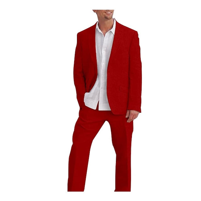 Men's Tailored Fit Single Breasted Two-buttons 2 Pieces Solid Colored Linen Suits - 画像 (5)
