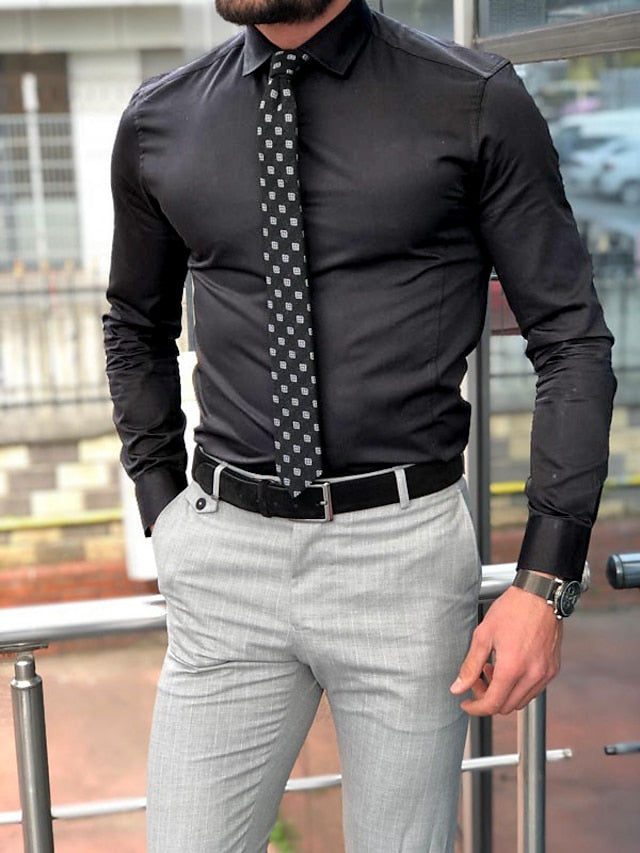 Men's Standard Fit Long Sleeve Lapel Polyester Shirt - 이미지 3