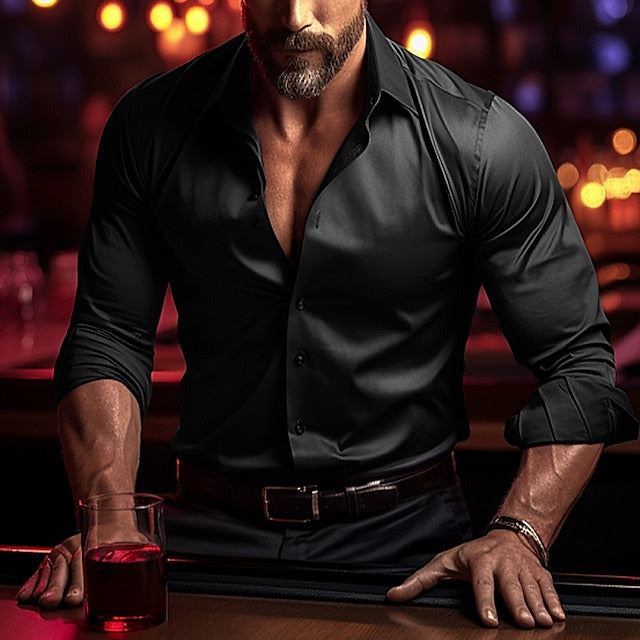 Men's Casual Polyester Long Sleeves Solid Color Shirt - Image 5