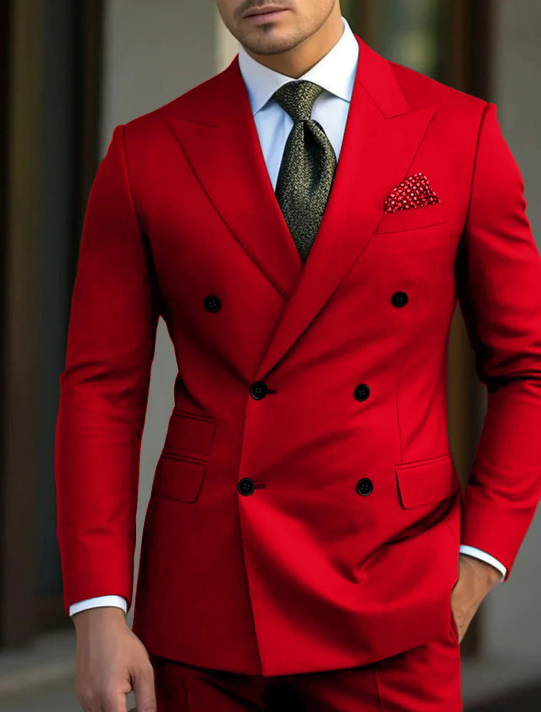 Green Men's Tailored Fit Double Breasted Six-buttons 2 Pieces Solid Colored Wedding Suits - 이미지 3