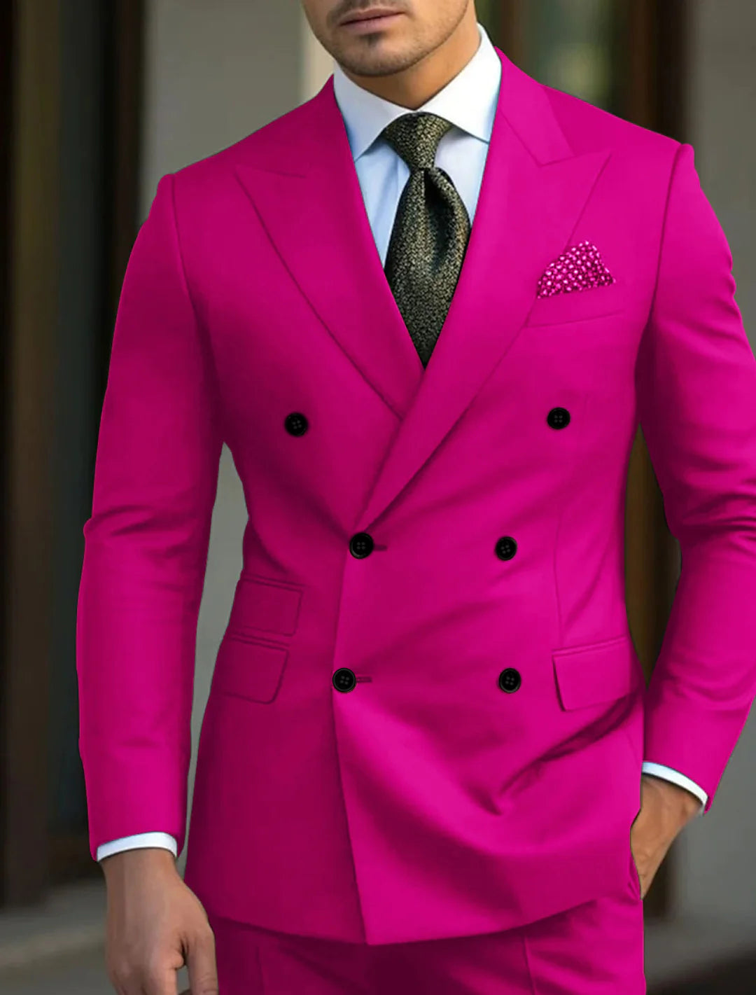 Green Men's Tailored Fit Double Breasted Six-buttons 2 Pieces Solid Colored Wedding Suits - 이미지 4