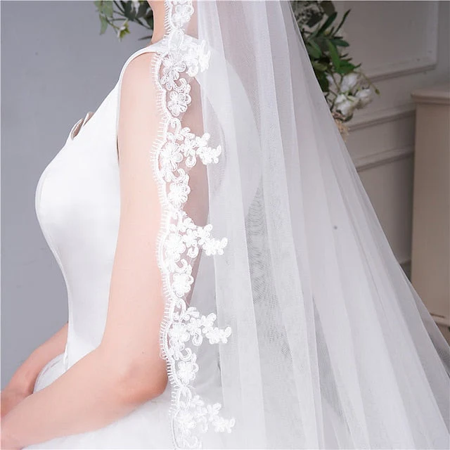 One-tier Lace Wedding Veils with Applique Edge - 이미지 2