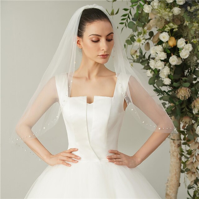 One-tier Pearl Wedding Veils Elbow Veils with Faux Pearl - 画像 (3)