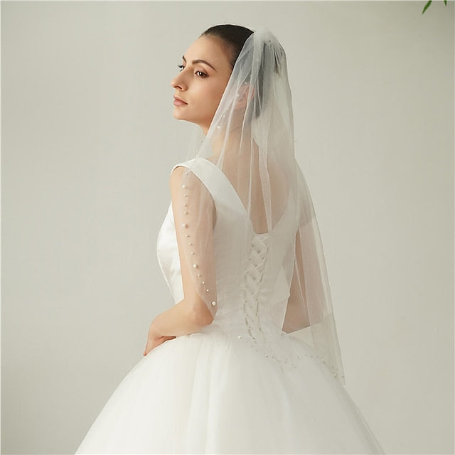 One-tier Pearl Wedding Veils Elbow Veils with Faux Pearl - 画像 (4)