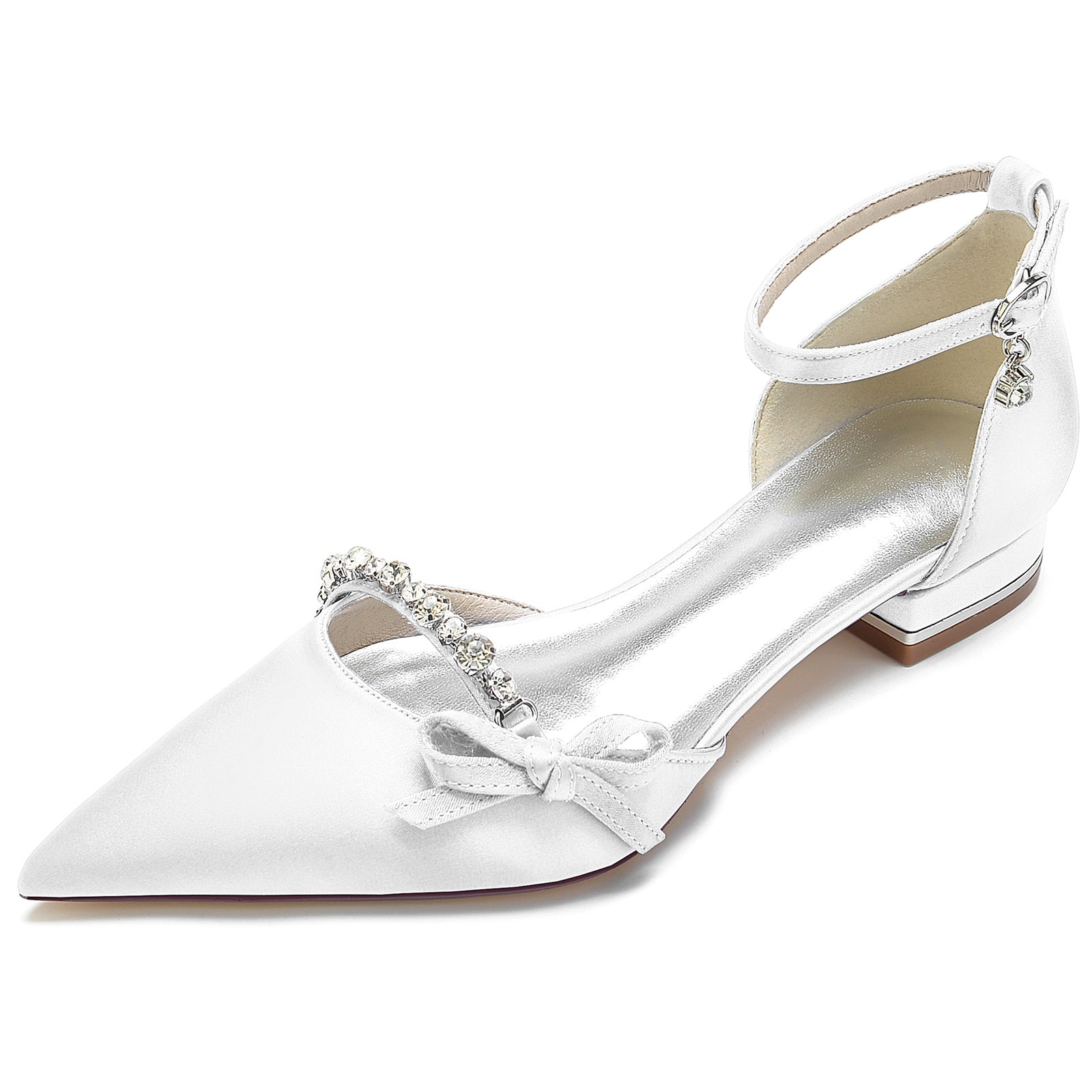 Women's Wedding Shoe Crystal Bow Silk Satin Pointed Toe Low Buckle Bridal Shoes - 画像 (11)