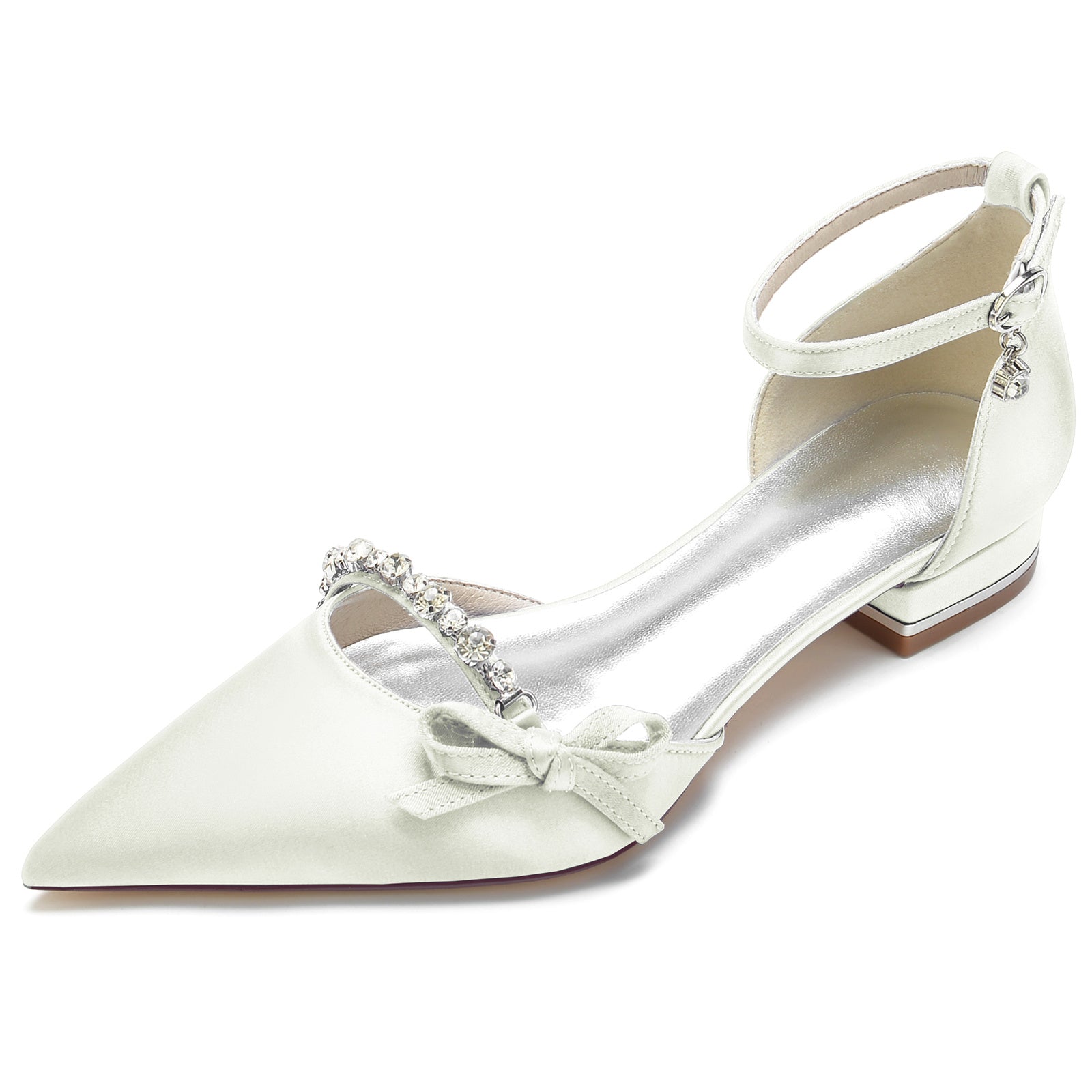 Women's Wedding Shoe Crystal Bow Silk Satin Pointed Toe Low Buckle Bridal Shoes - 画像 (9)