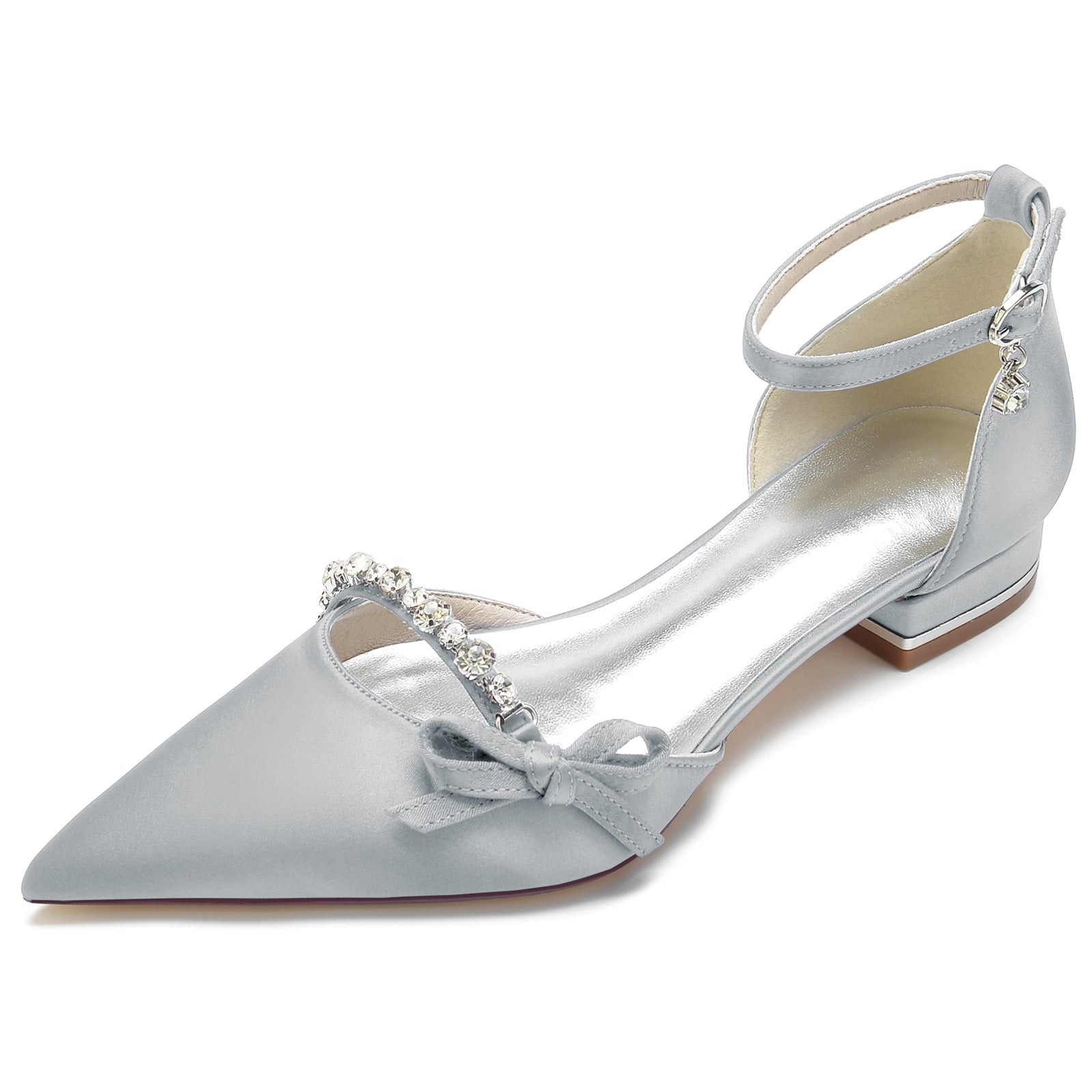Women's Wedding Shoe Crystal Bow Silk Satin Pointed Toe Low Buckle Bridal Shoes - 画像 (10)