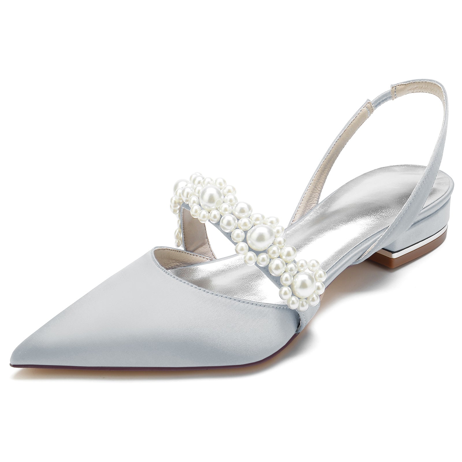Women's Wedding Shoes Silk Satin White Pearl Low Pointed Toe Buckle Bridal Shoes - 画像 (14)