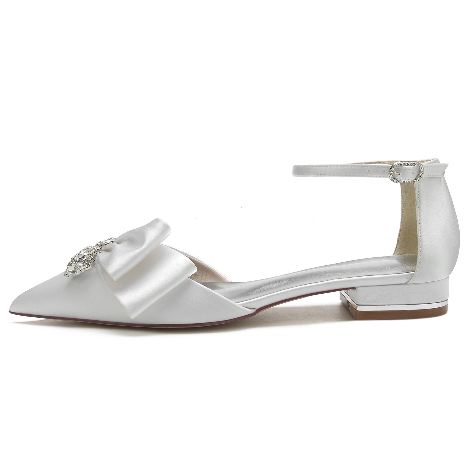 Women's Wedding Shoes White Rhinestone Silk Satin Bow Low Pointed Toe Bridal Shoes - 이미지 2