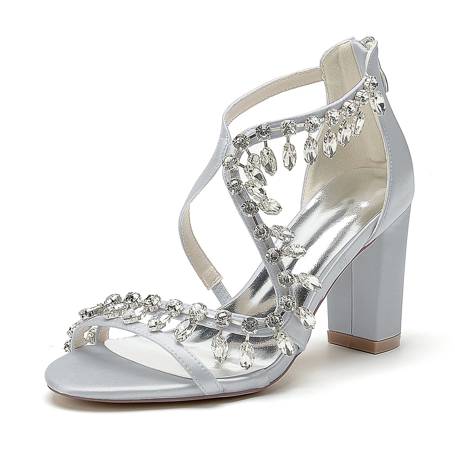 Women's Wedding Shoes Opened Toe Chunky Heel Crossed Rhinestone Buckle Bridal Shoes - 画像 (14)