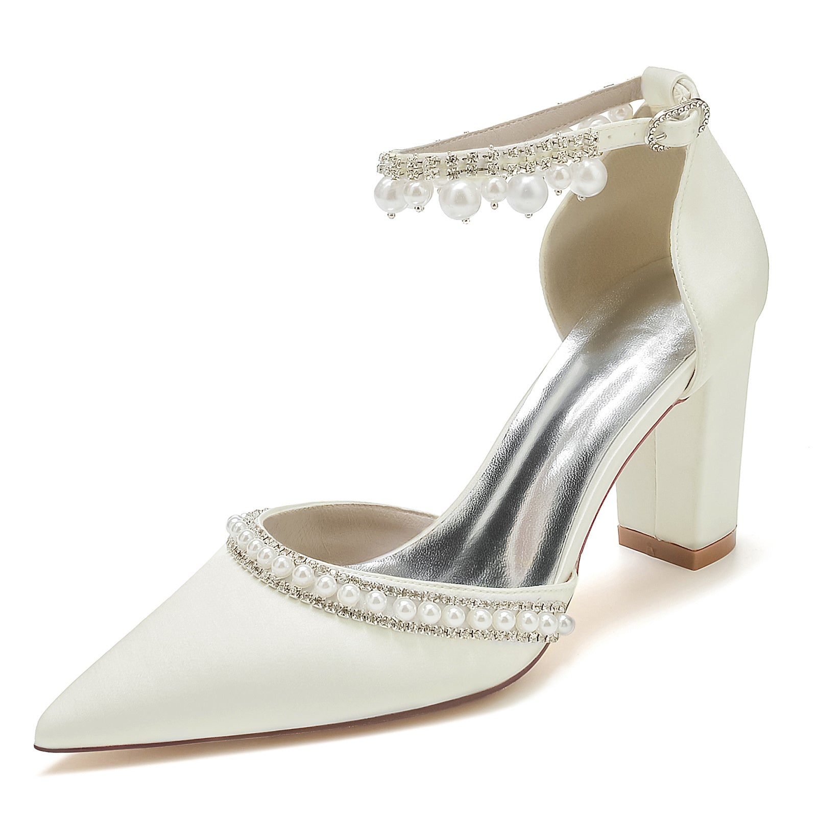 Women's Wedding Rhinestone Pearl Block Heel Pointed Toe Buckle Bridal Shoes - Image 11